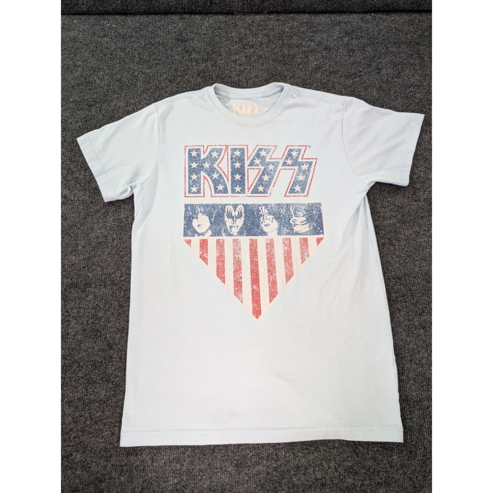 KISS Graphic Tee Mens Small Light Blue Good Patriotic USA Shield Rock Band Shirt